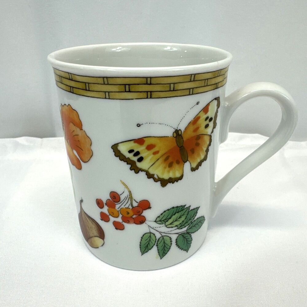 Crate & Barrel Coffee Mug Cup Nature’s Harvest Julia Bullmore Butterfly Flowers